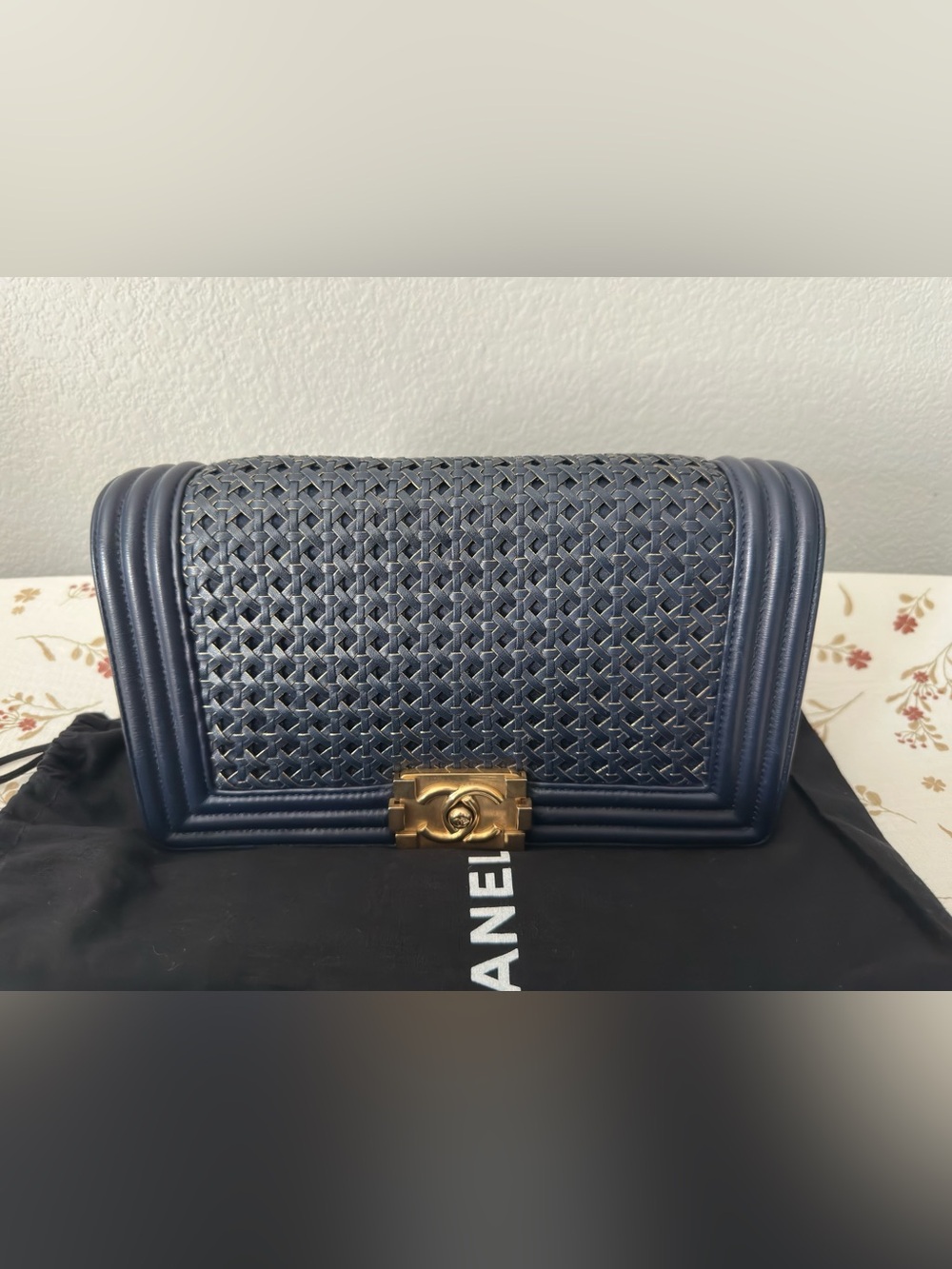 Chanel Navy Woven Leather Boy Bag with Gold-Tone Hardware